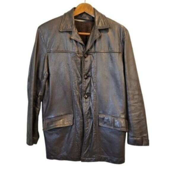 Vintage | Mens Button Front Leather Jacket Black Zip in Fleece Insert - Picture 1 of 10